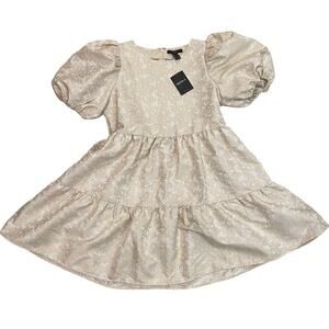 Forever 21 M Puff Sleeve Mini Dress | Brocade Ivory Gold Tiered Fit & Flare NWT